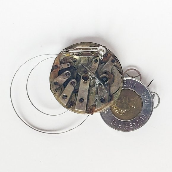 Handmade Pin Vintage Clock Parts, Coins - Picture 2 of 2